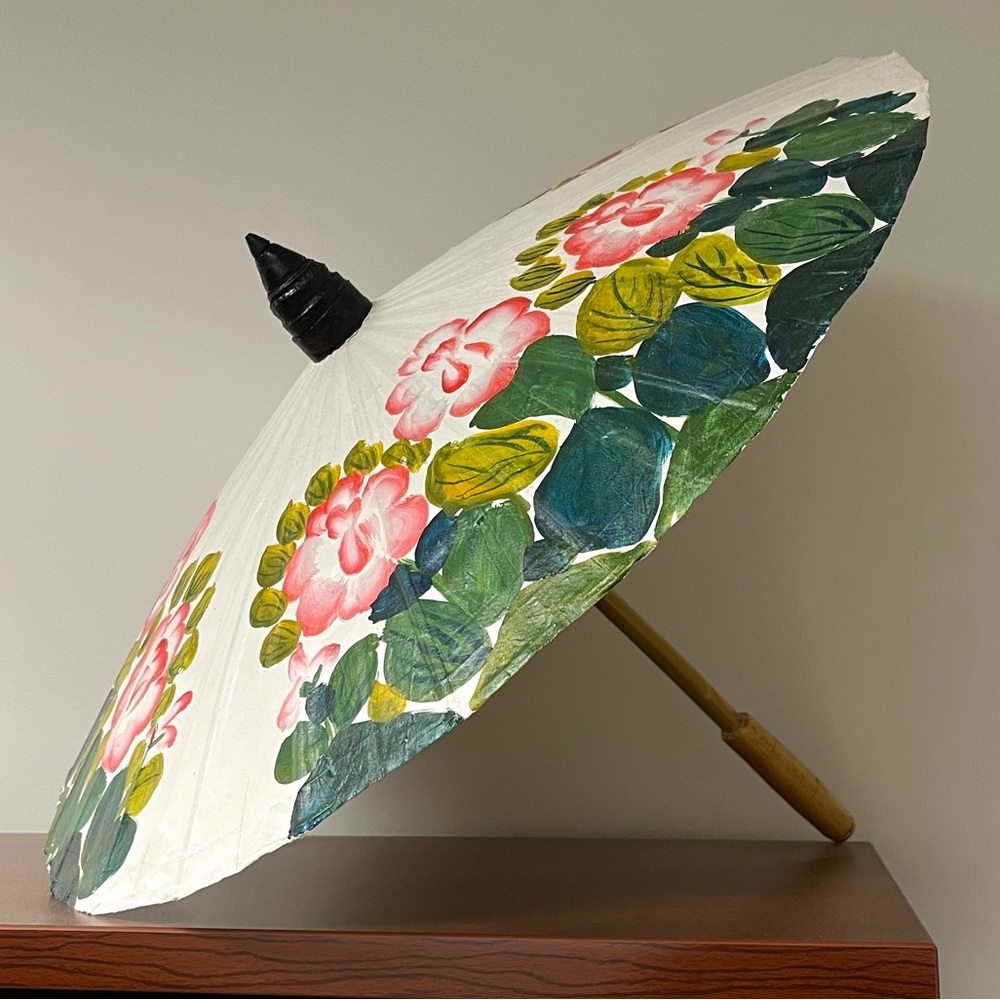 [SOLD] Vintage Hand-Painted Asian Canvas Parasol with Bamboo Handle